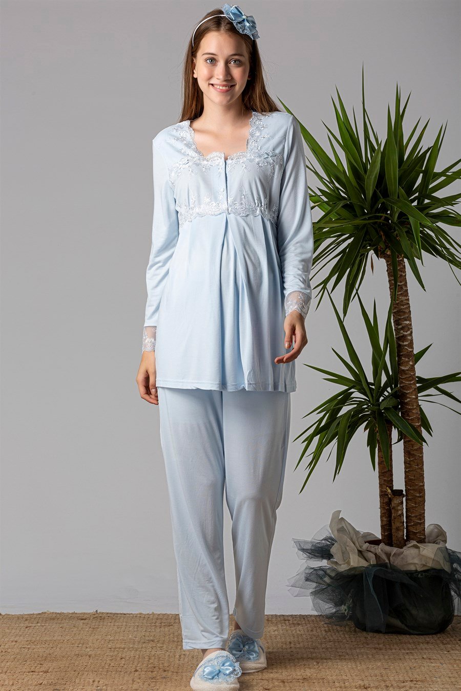 Effortt 22401 Mavi Sabahlıklı Hamile Lohusa Pijama Takımı