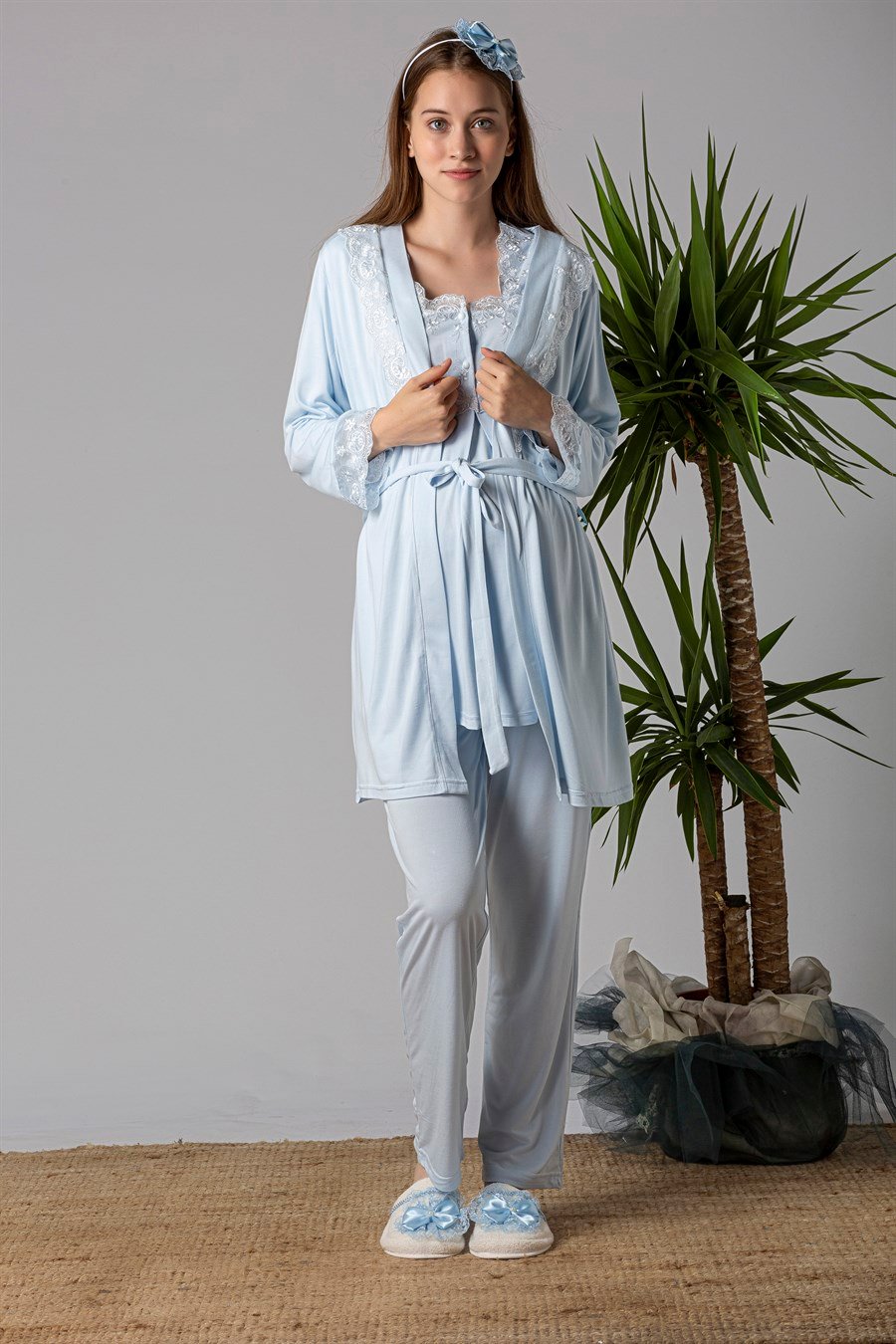 Effortt 22401 Mavi Sabahlıklı Hamile Lohusa Pijama Takımı