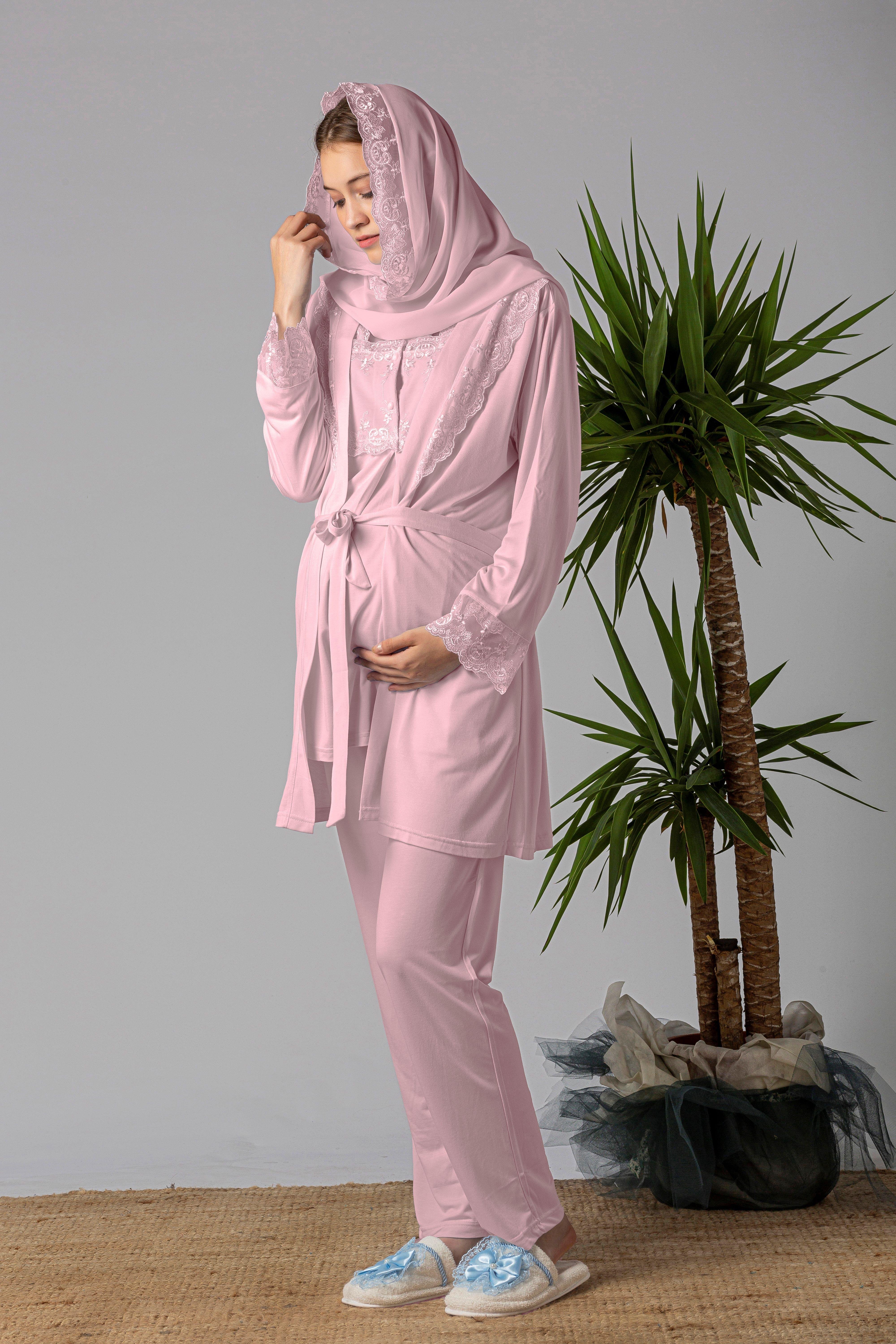 Effortt 22401 Pembe Tesettürlü Sabahlıklı Hamile Lohusa Pijama Takımı