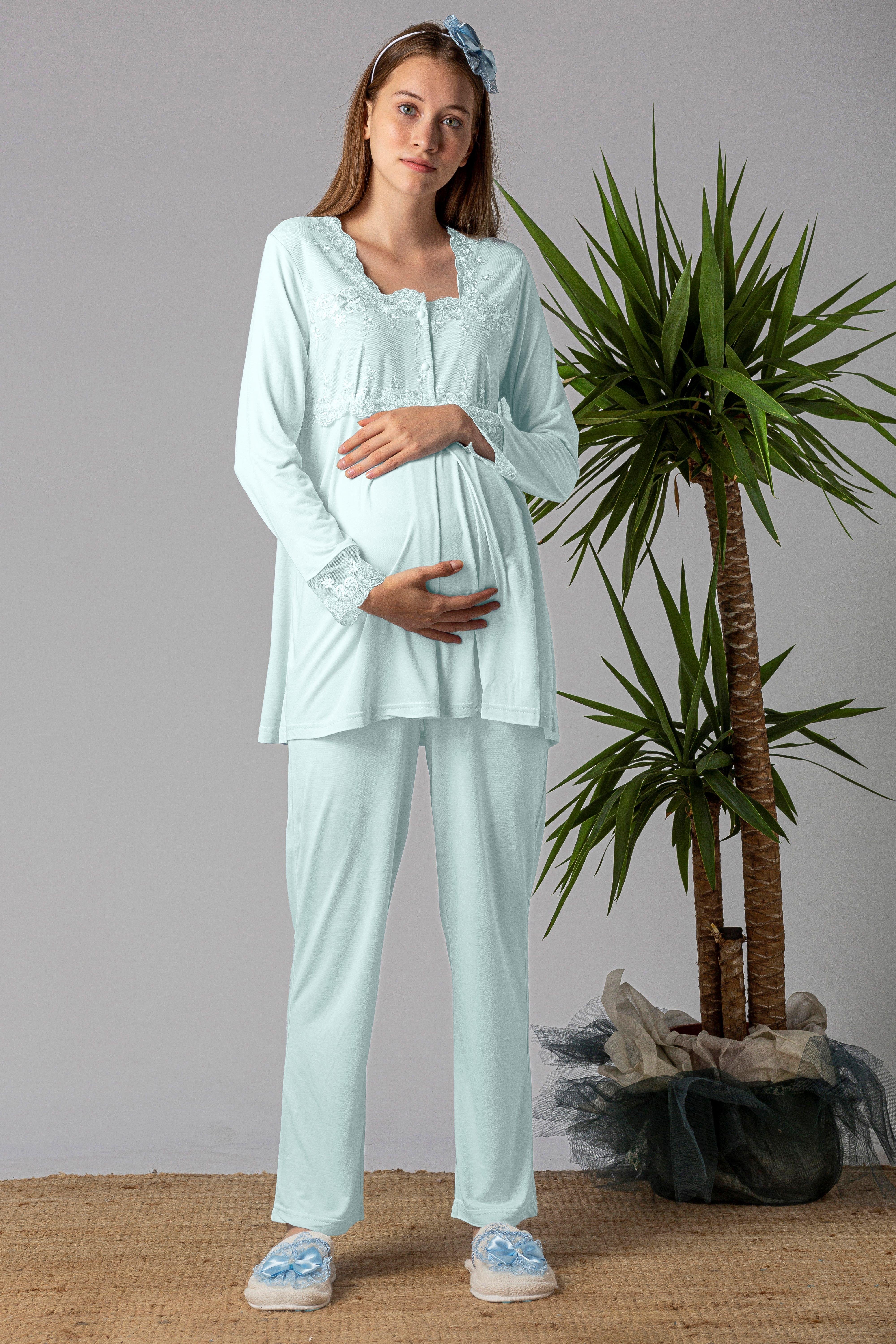 Effortt 22401 Turkuaz Tesettürlü Sabahlıklı Hamile Lohusa Pijama Takımı