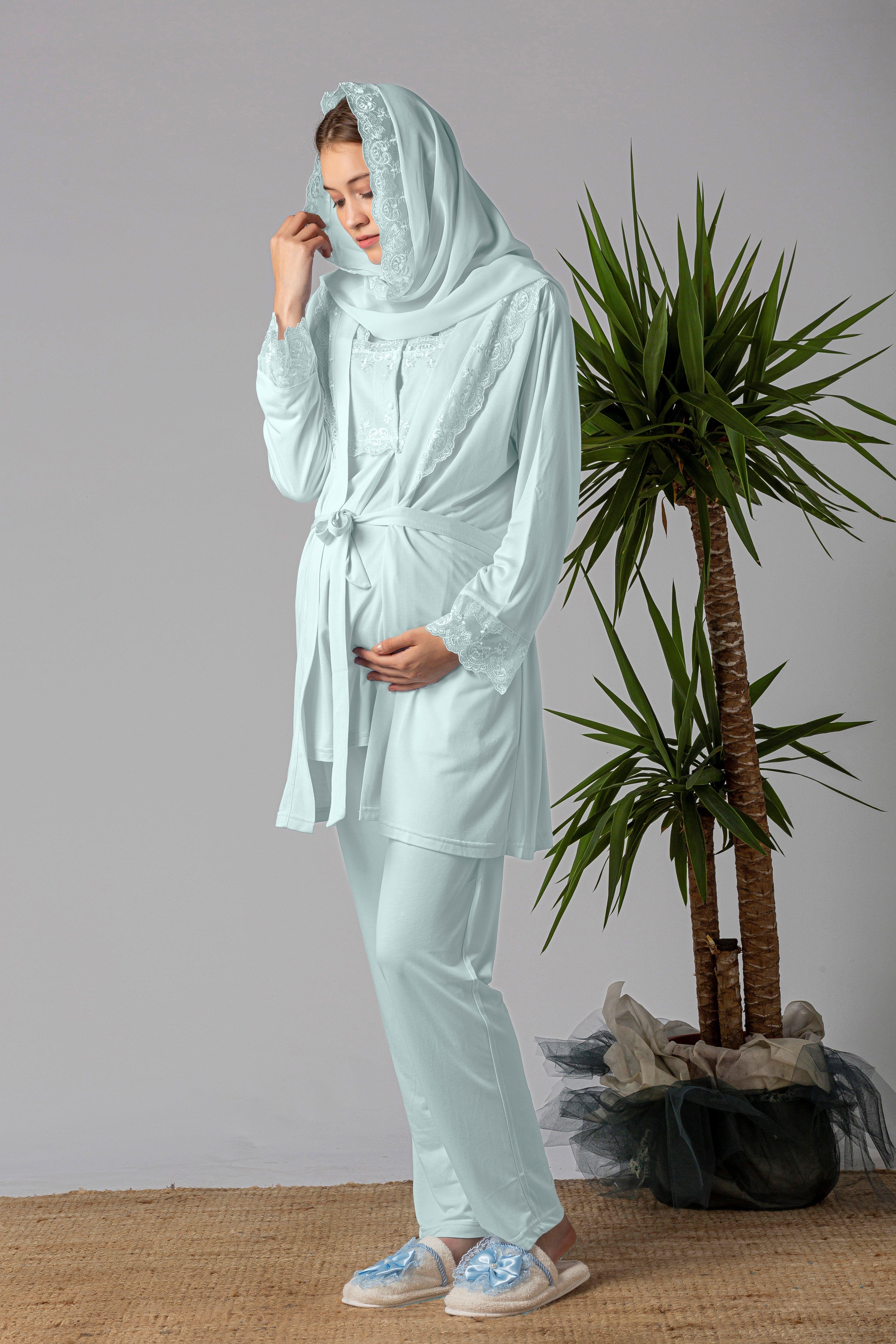 Effortt 22401 Turkuaz Tesettürlü Sabahlıklı Hamile Lohusa Pijama Takımı
