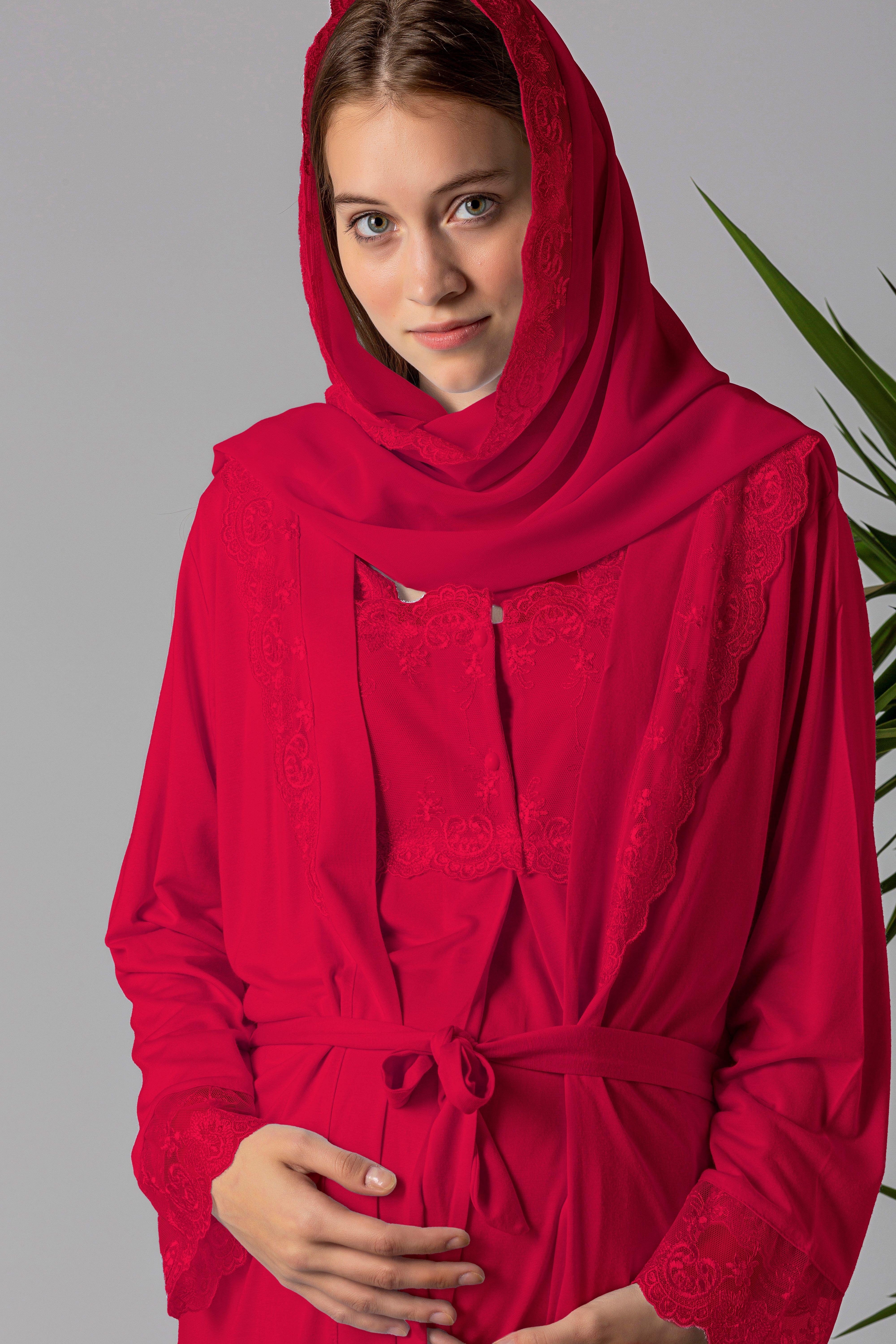 Effortt 22401 Vişne Tesettürlü Sabahlıklı Hamile Lohusa Pijama Takımı