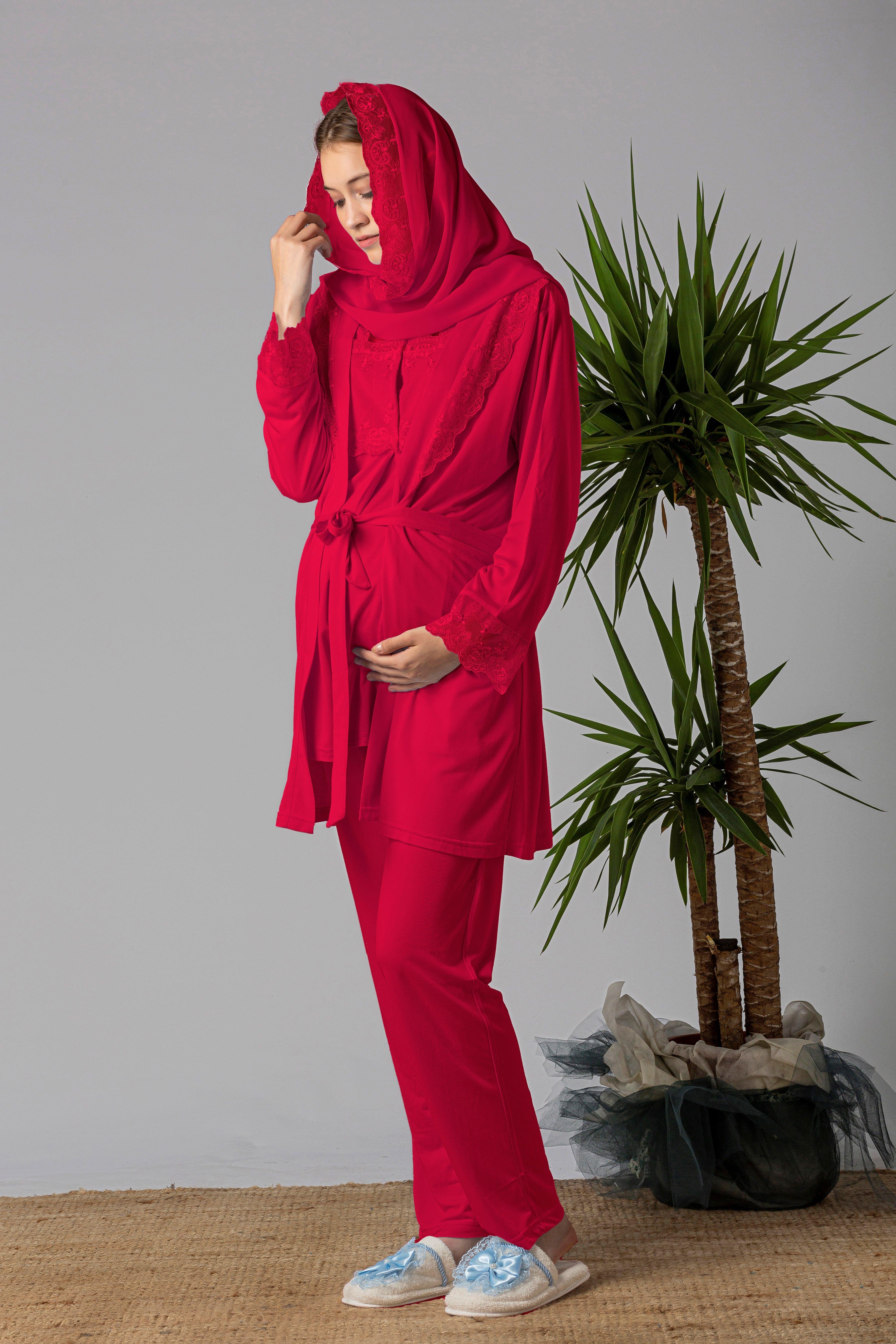 Effortt 22401 Vişne Tesettürlü Sabahlıklı Hamile Lohusa Pijama Takımı