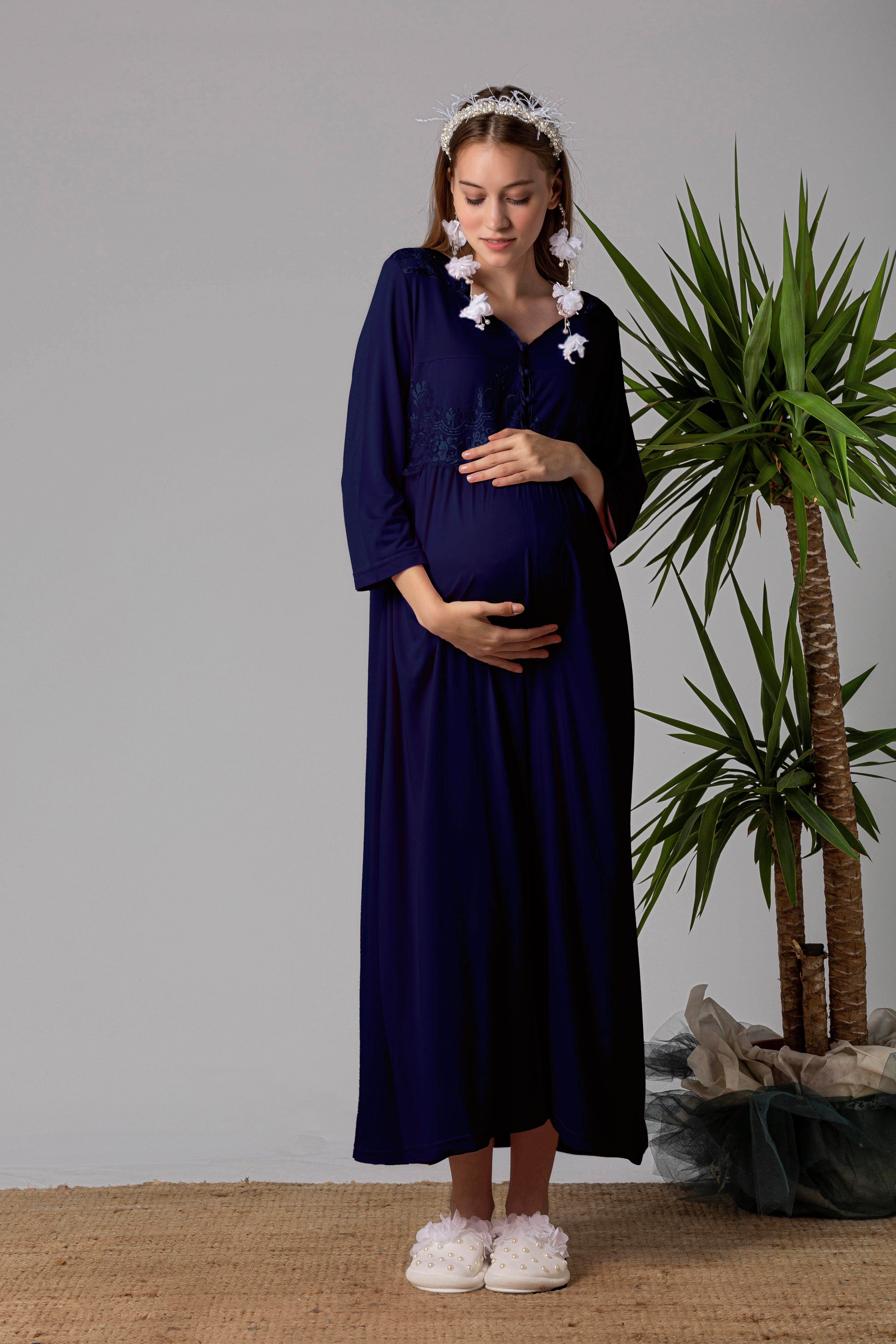 Effortt 23012 Lacivert Dantelli Hamile Lohusa Gecelik