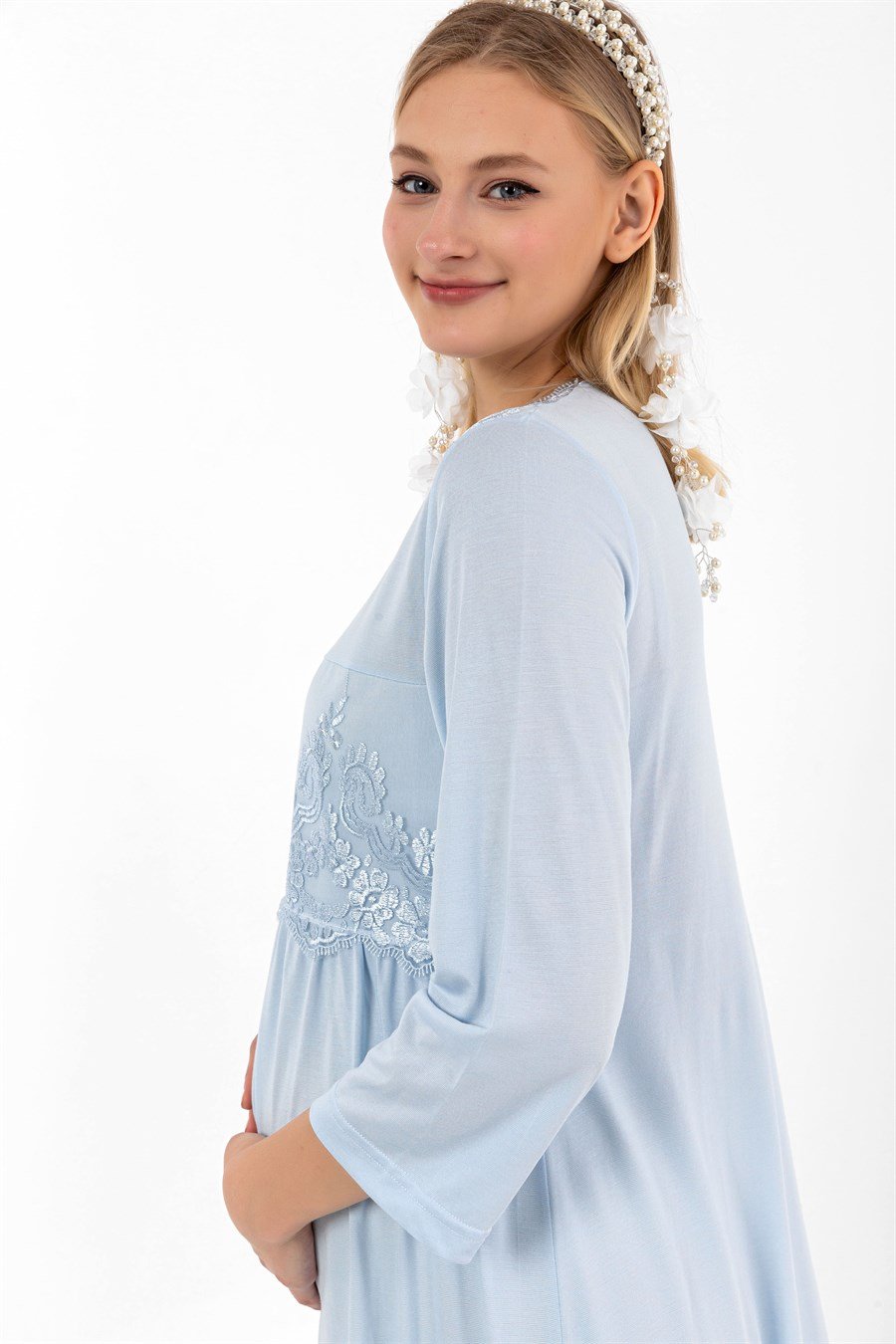 Effortt 23012 Mavi Dantelli Hamile Lohusa Gecelik