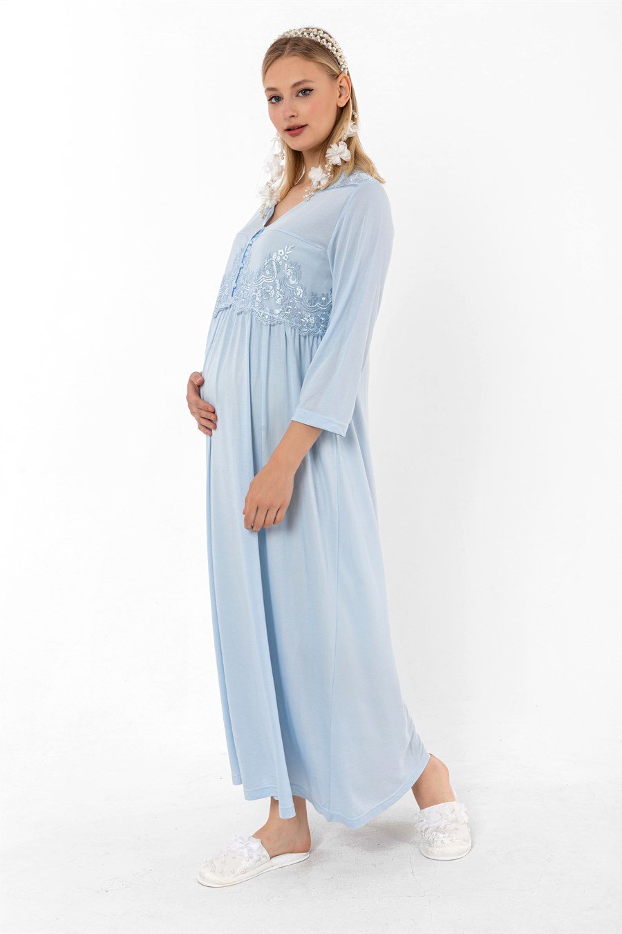 Effortt 23012 Mavi Dantelli Hamile Lohusa Gecelik