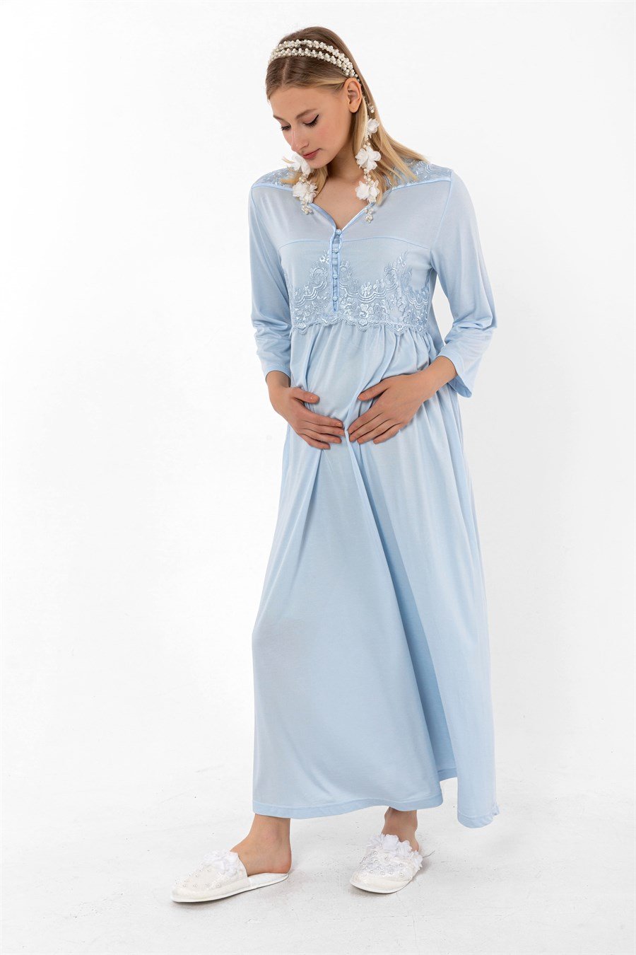 Effortt 23012 Mavi Dantelli Hamile Lohusa Gecelik