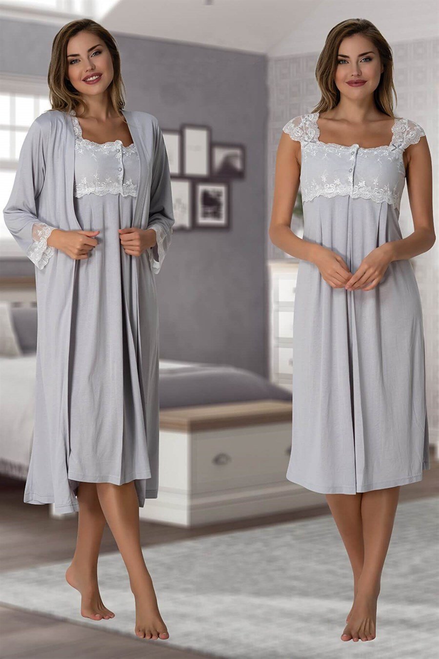 Effortt 2302 Gri Sabahlıklı Lohusa Gecelik Takım