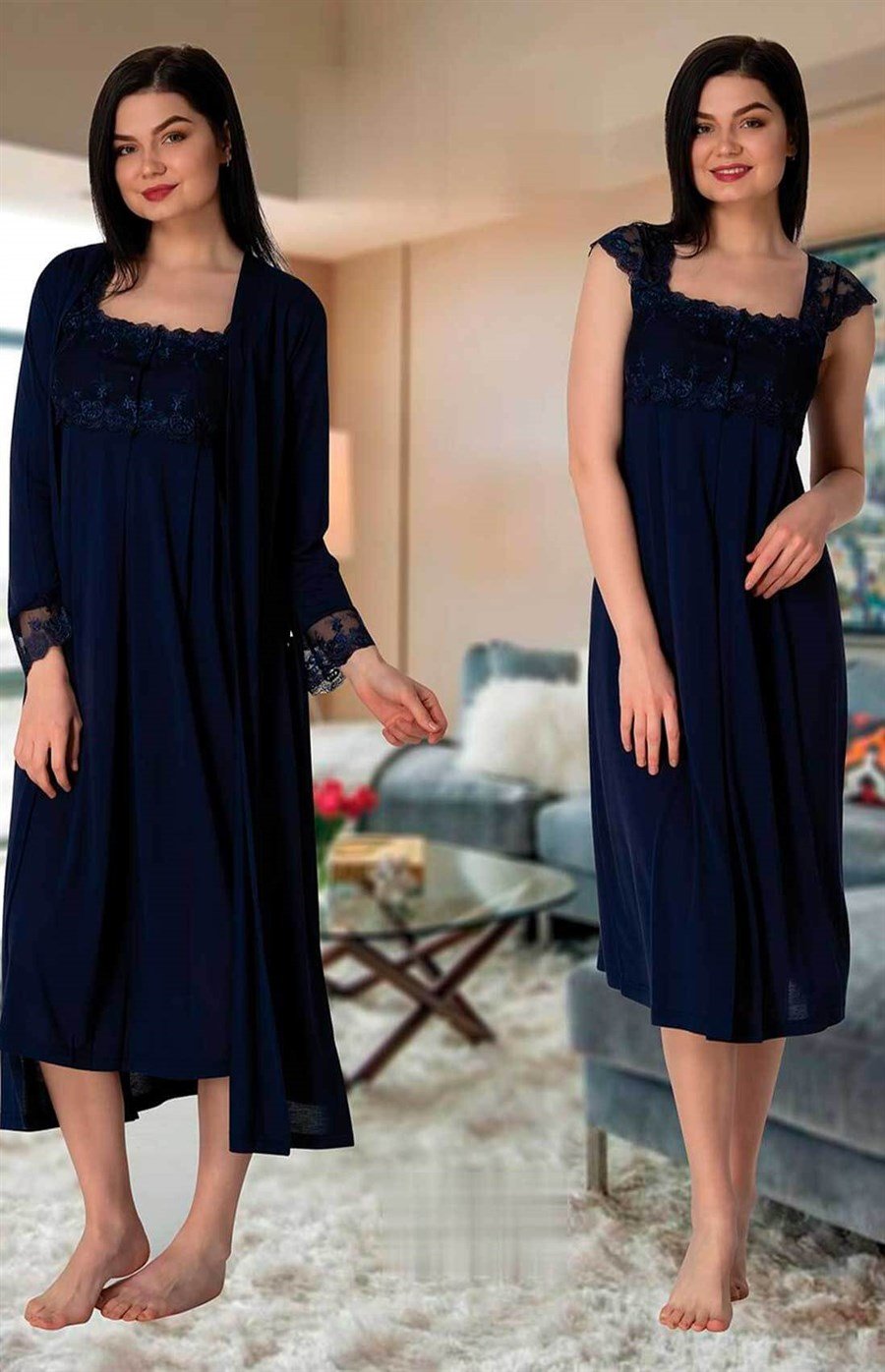 Effortt 2302 Lacivert Sabahlıklı Lohusa Gecelik Takım