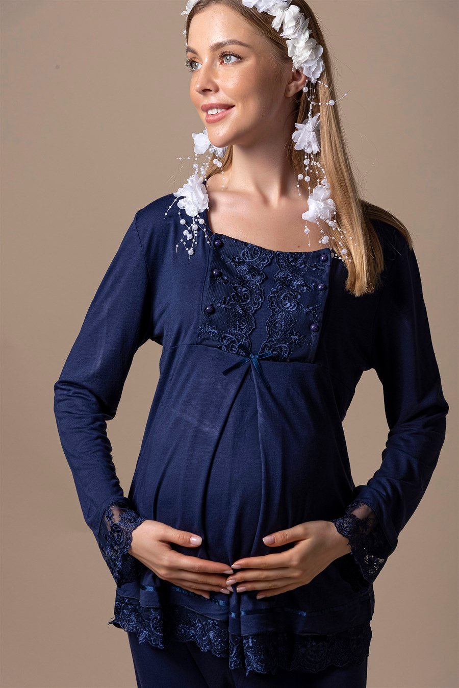 Effortt 23044 Lacivert Sabahlıklı Hamile Lohusa Pijama Takımı