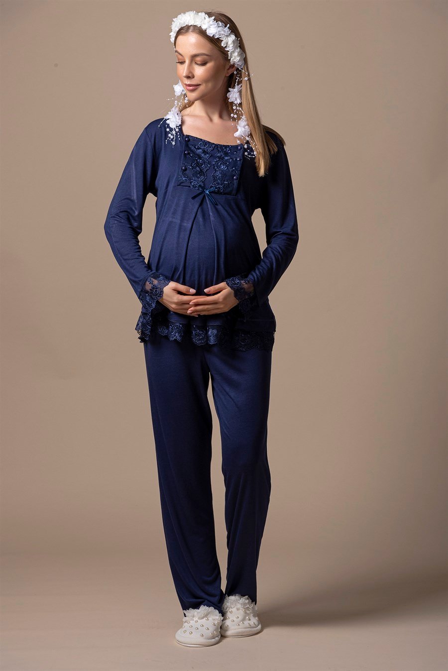 Effortt 23044 Lacivert Sabahlıklı Hamile Lohusa Pijama Takımı