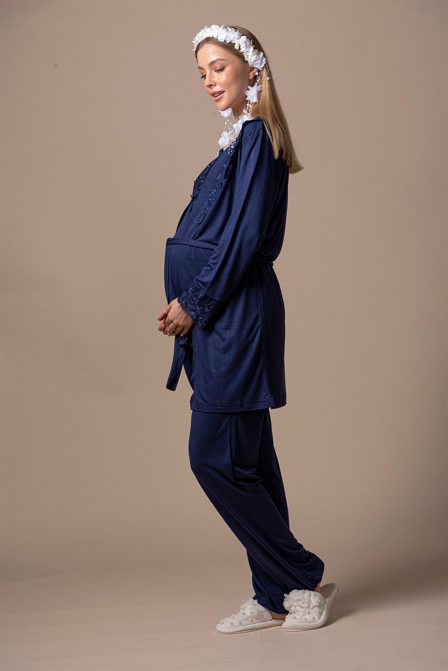 Effortt 23044 Lacivert Sabahlıklı Hamile Lohusa Pijama Takımı