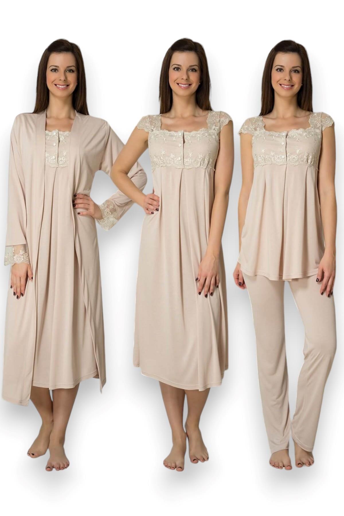 Effortt 2305 Kahverengi Dantelli Hamile Lohusa Set