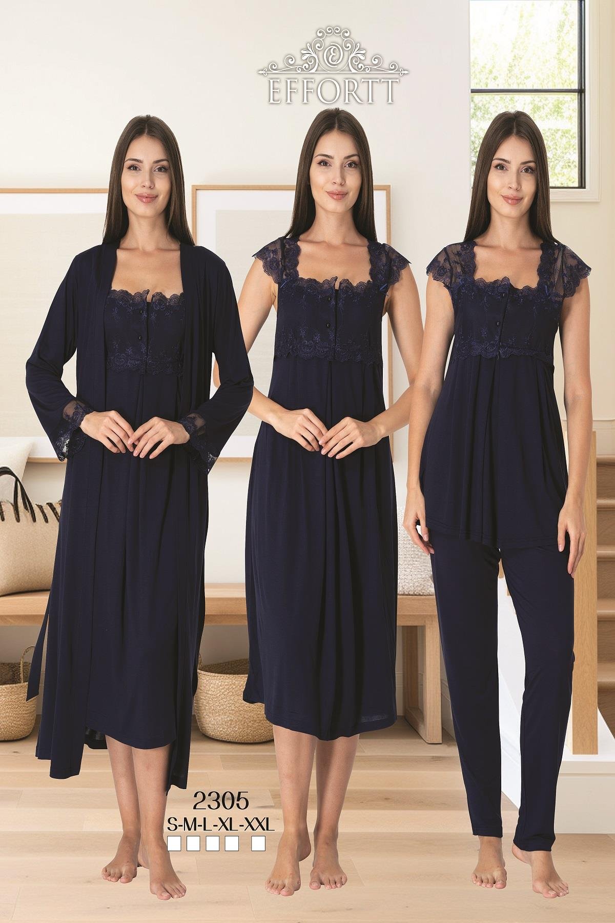 Effortt 2305 Lacivert Dantelli Hamile Lohusa Set