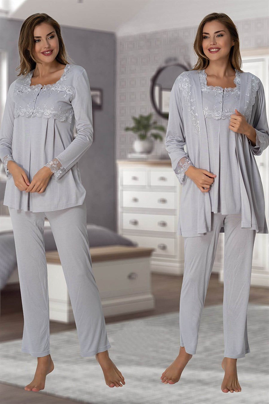 Effortt 2401 Gri Sabahlıklı Lohusa Pijama Takımı