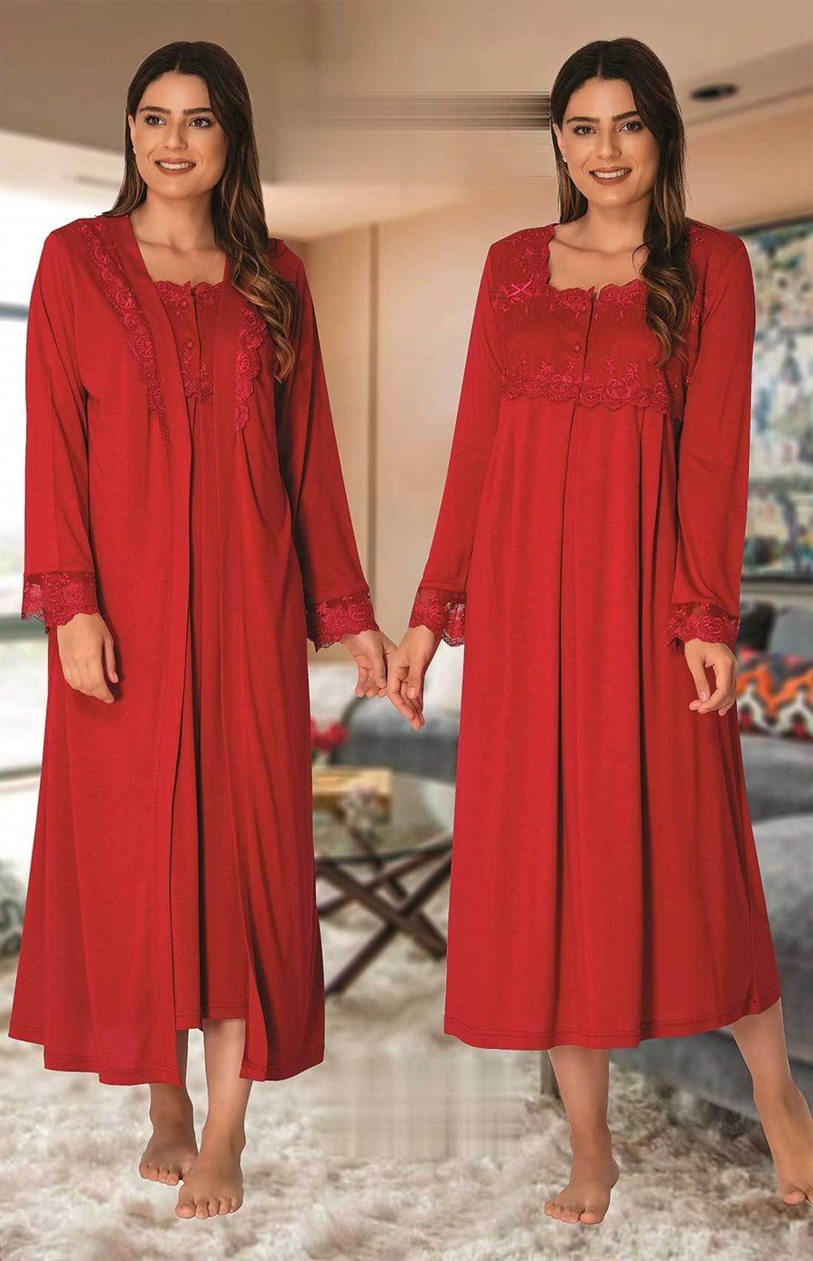 Effortt 2402 Vişne Sabahlıklı Lohusa Gecelik Takım