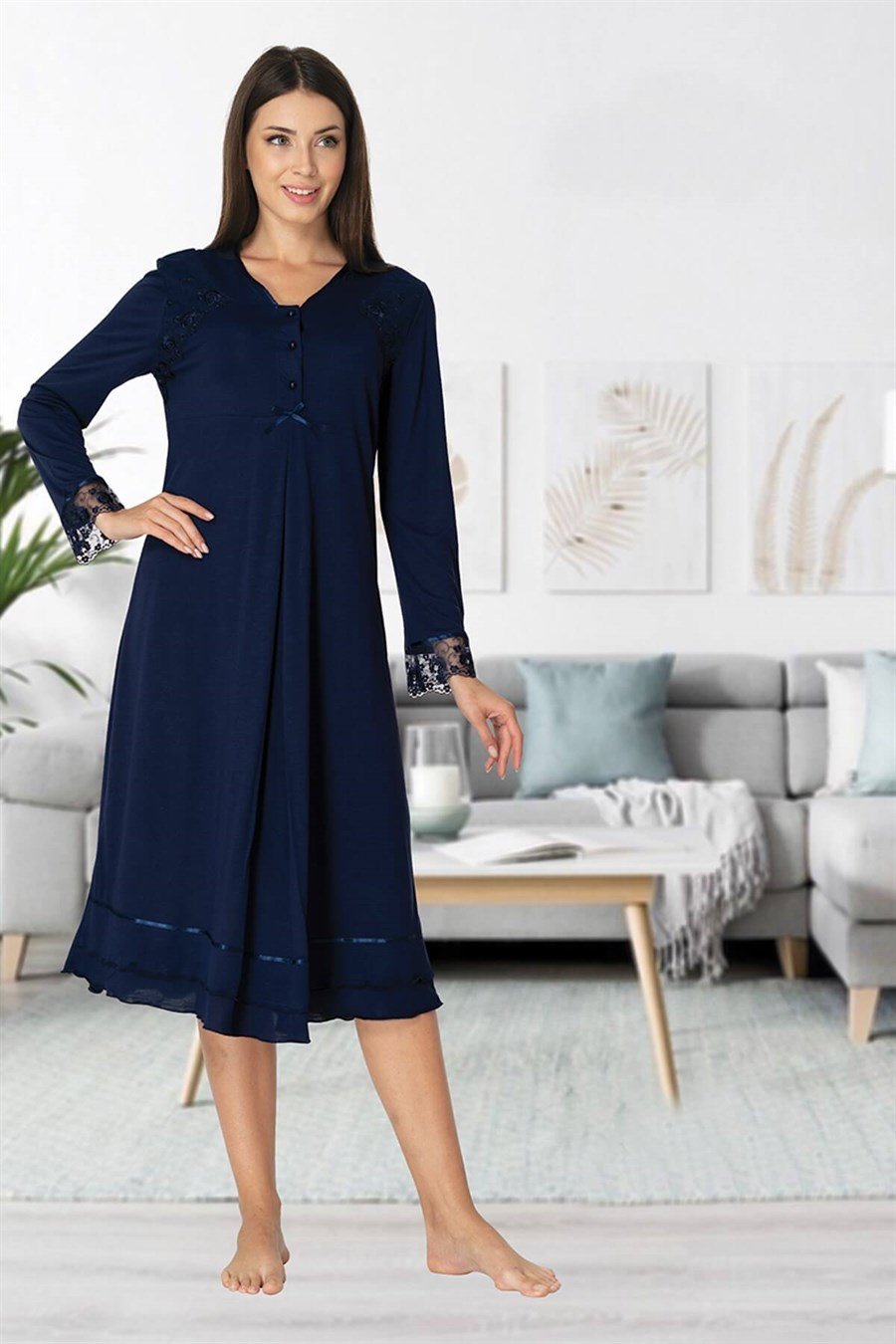 Effortt 2423 Lacivert Dantelli Lohusa Gecelik