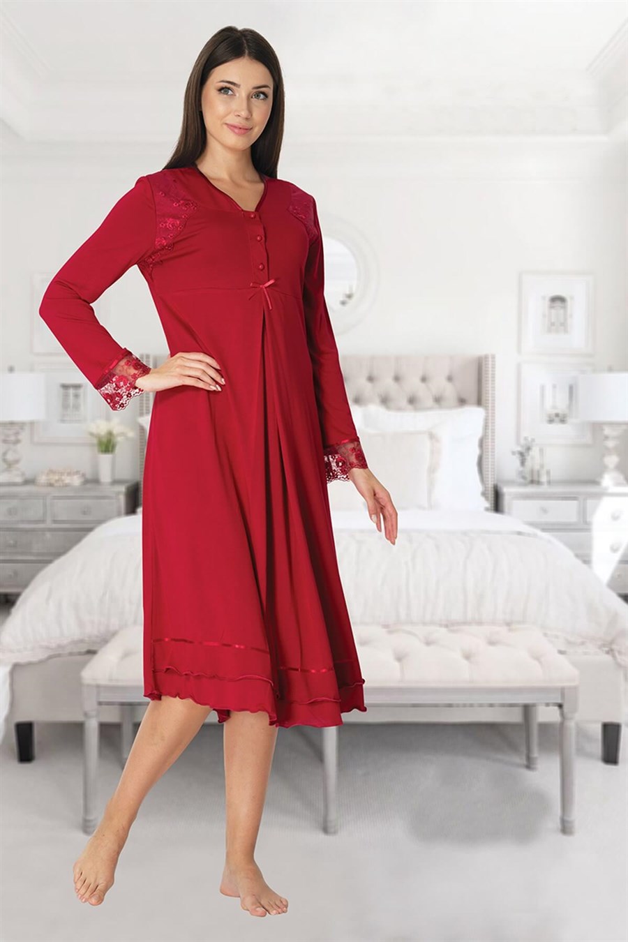 Effortt 2423 Vişne Dantelli Lohusa Gecelik