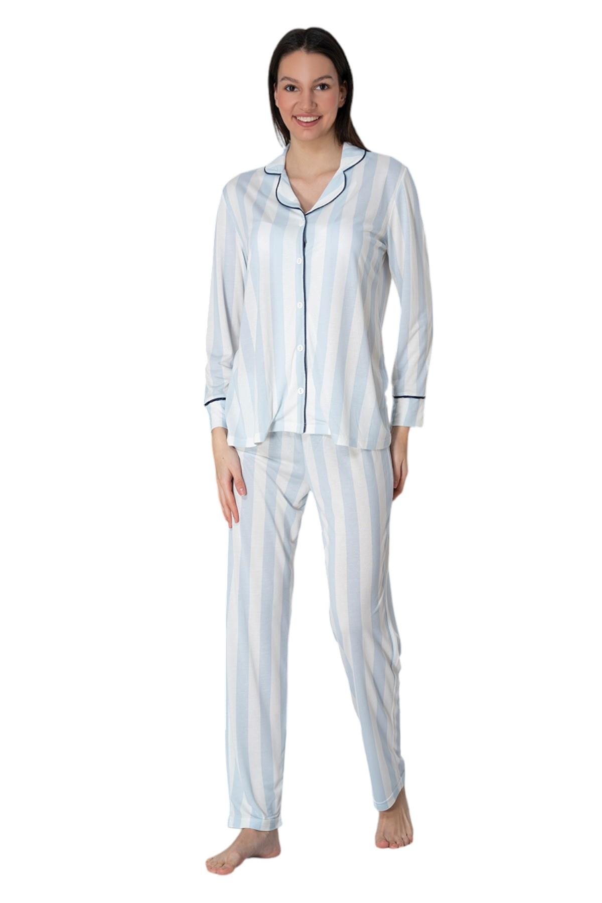 Effortt 2452 Mavi Önden Düğmeli Kadın Pijama Takımı