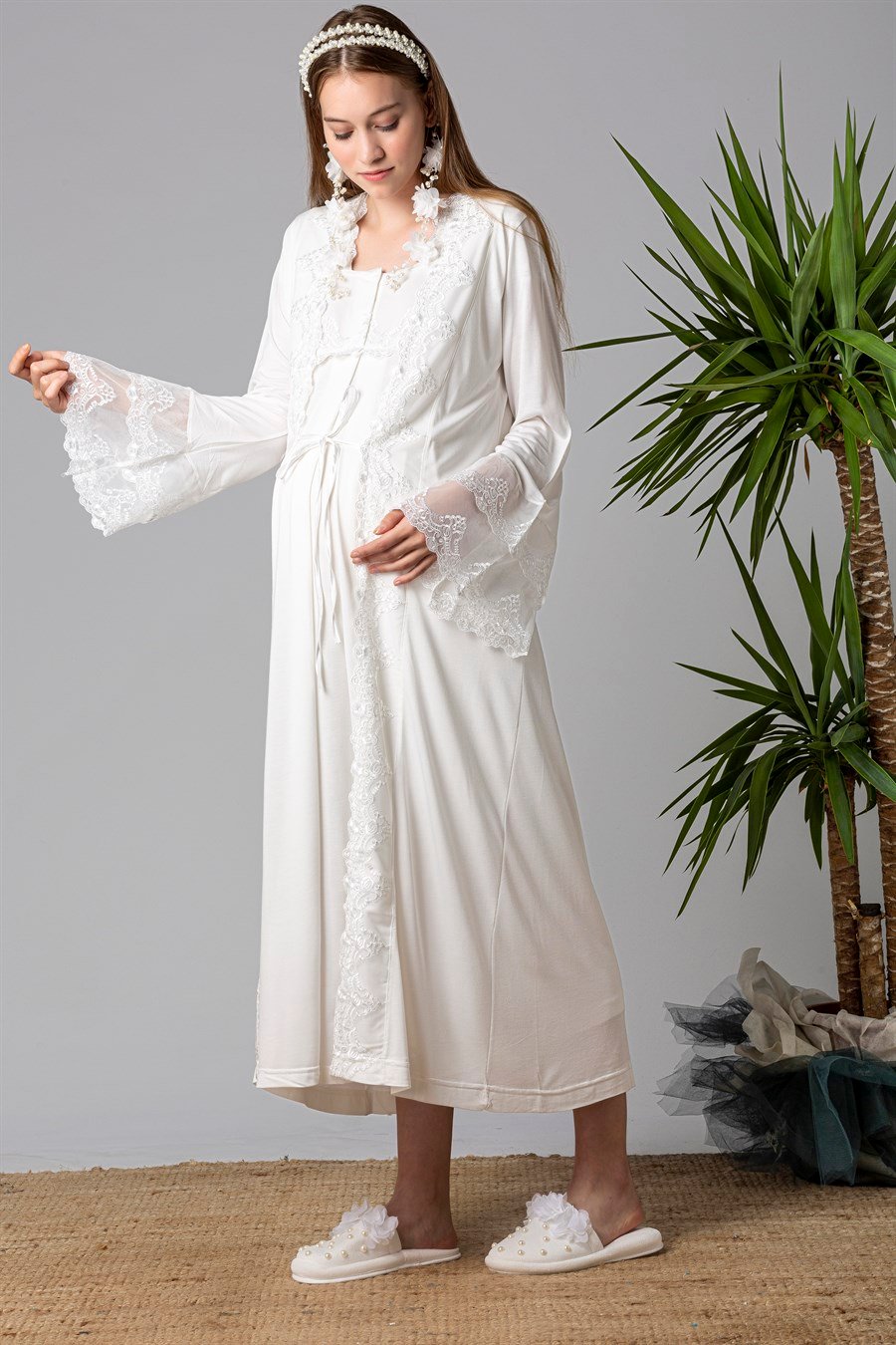 Effortt 25010 Ekru Sabahlıklı Hamile Lohusa Gecelik Takım