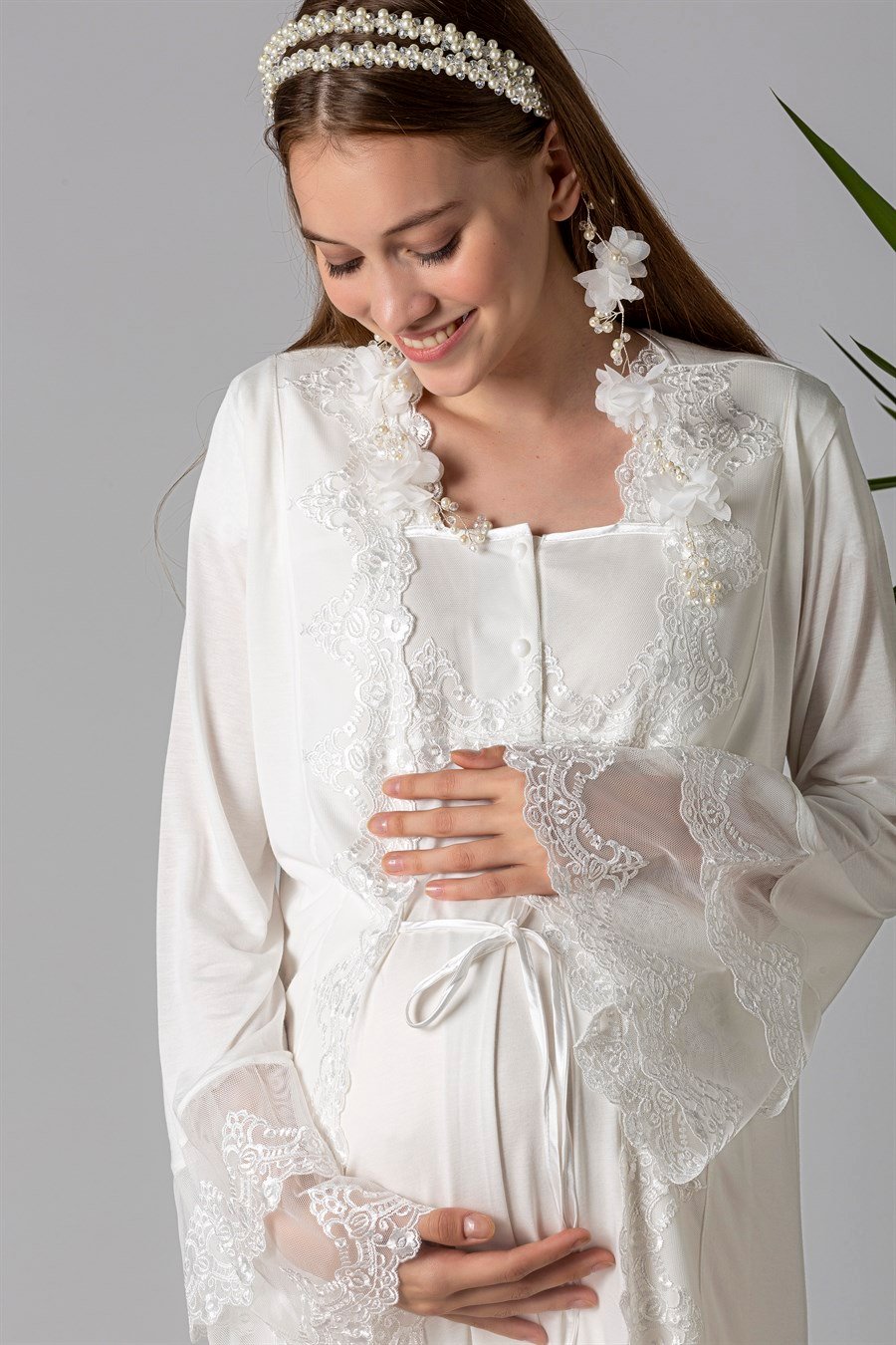 Effortt 25010 Ekru Sabahlıklı Hamile Lohusa Gecelik Takım