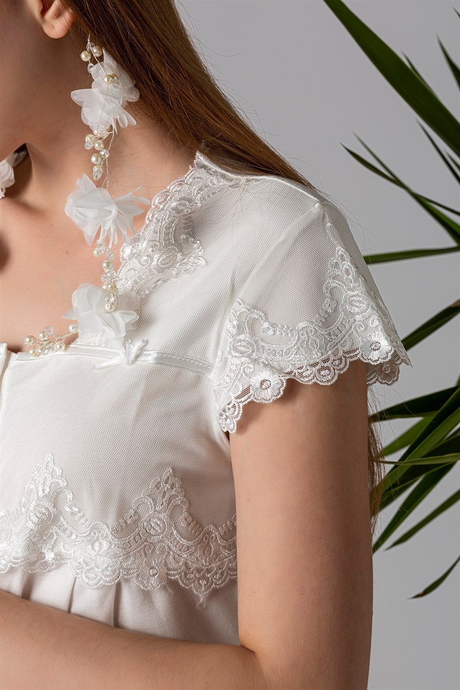 Effortt 25013 Ekru Dantelli Hamile Lohusa Gecelik