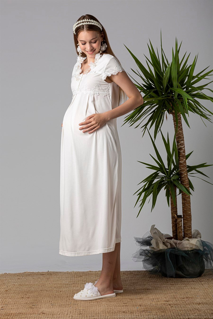 Effortt 25013 Ekru Dantelli Hamile Lohusa Gecelik