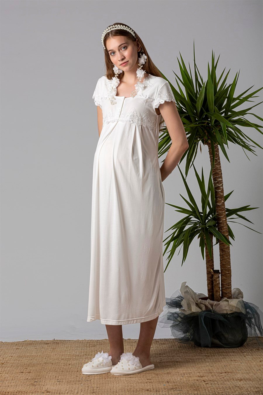 Effortt 25013 Ekru Dantelli Hamile Lohusa Gecelik