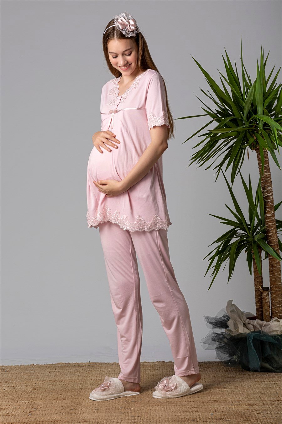 Effortt 25032 Pembe Dantelli Hamile Lohusa Pijama Takımı