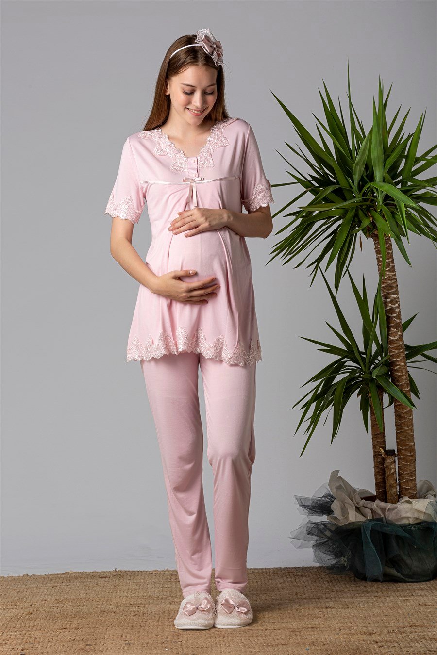 Effortt 25032 Pembe Dantelli Hamile Lohusa Pijama Takımı