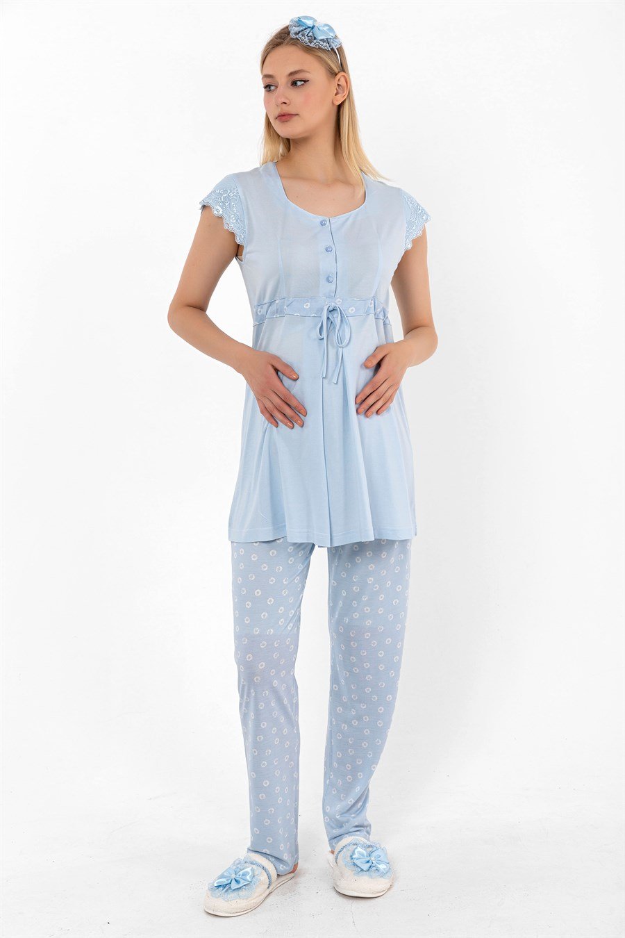 Effortt 26014 Mavi Sabahlıklı Hamile Lohusa Pijama Takımı