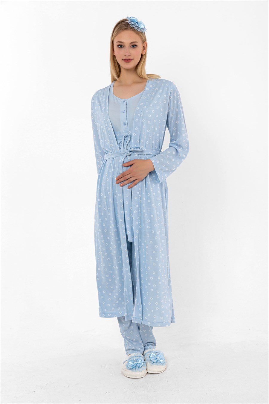 Effortt 26014 Mavi Sabahlıklı Hamile Lohusa Pijama Takımı