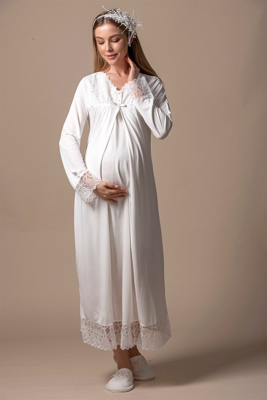 Effortt 27043 Ekru Dantelli Hamile Lohusa Gecelik