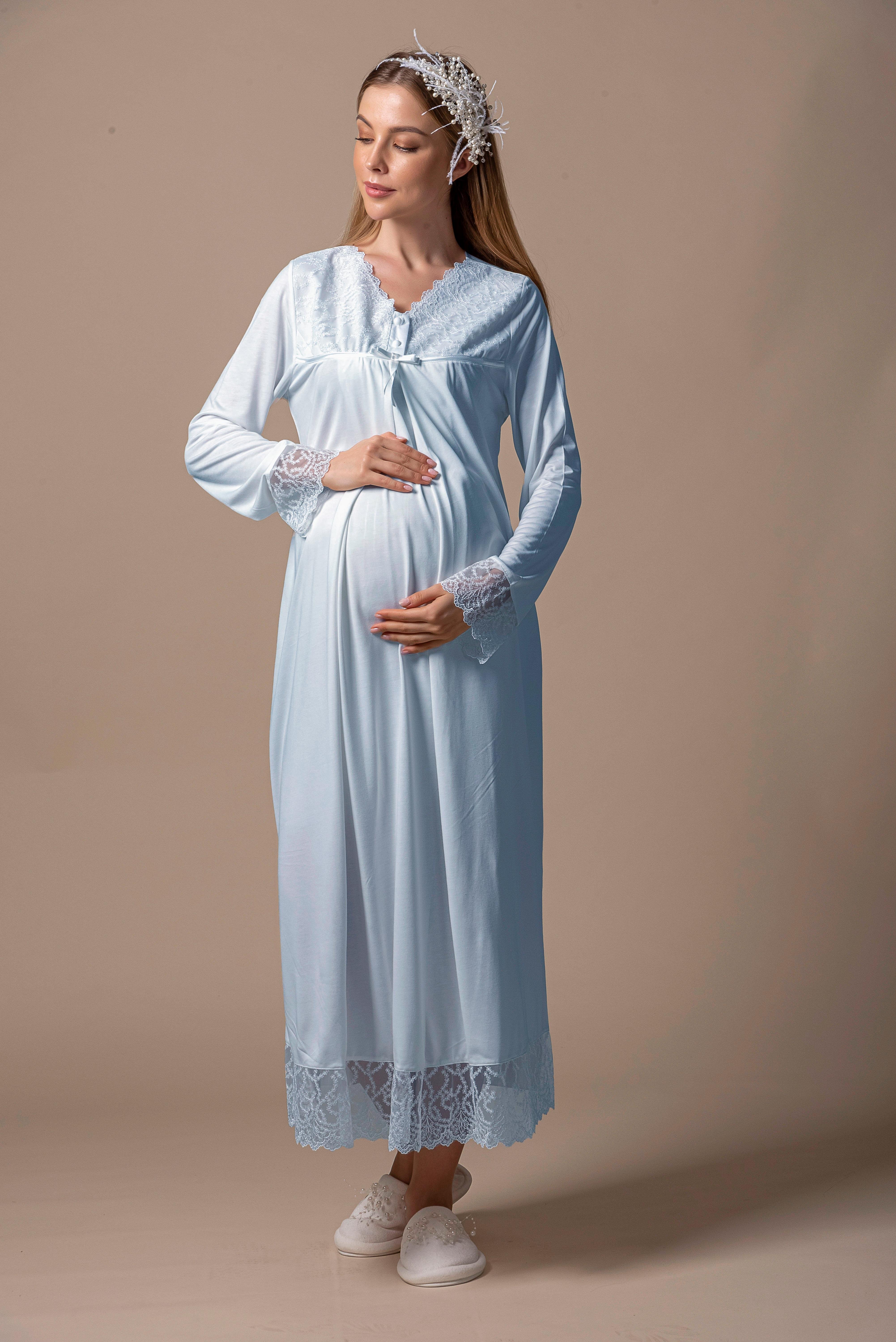 Effortt 27043 Mavi Dantelli Hamile Lohusa Gecelik