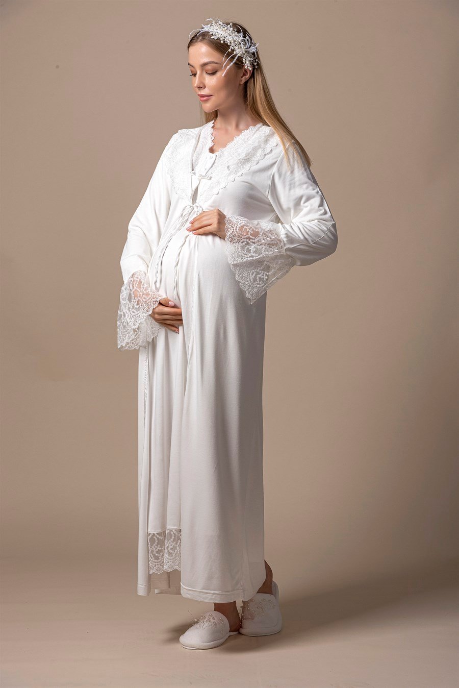 Effortt 27045 Ekru Sabahlıklı Hamile Lohusa Gecelik Takım