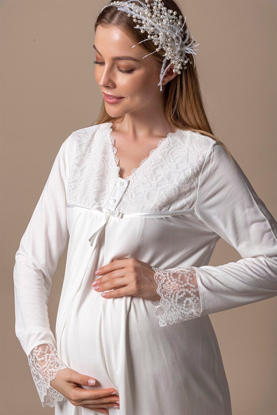 Effortt 27045 Ekru Sabahlıklı Hamile Lohusa Gecelik Takım