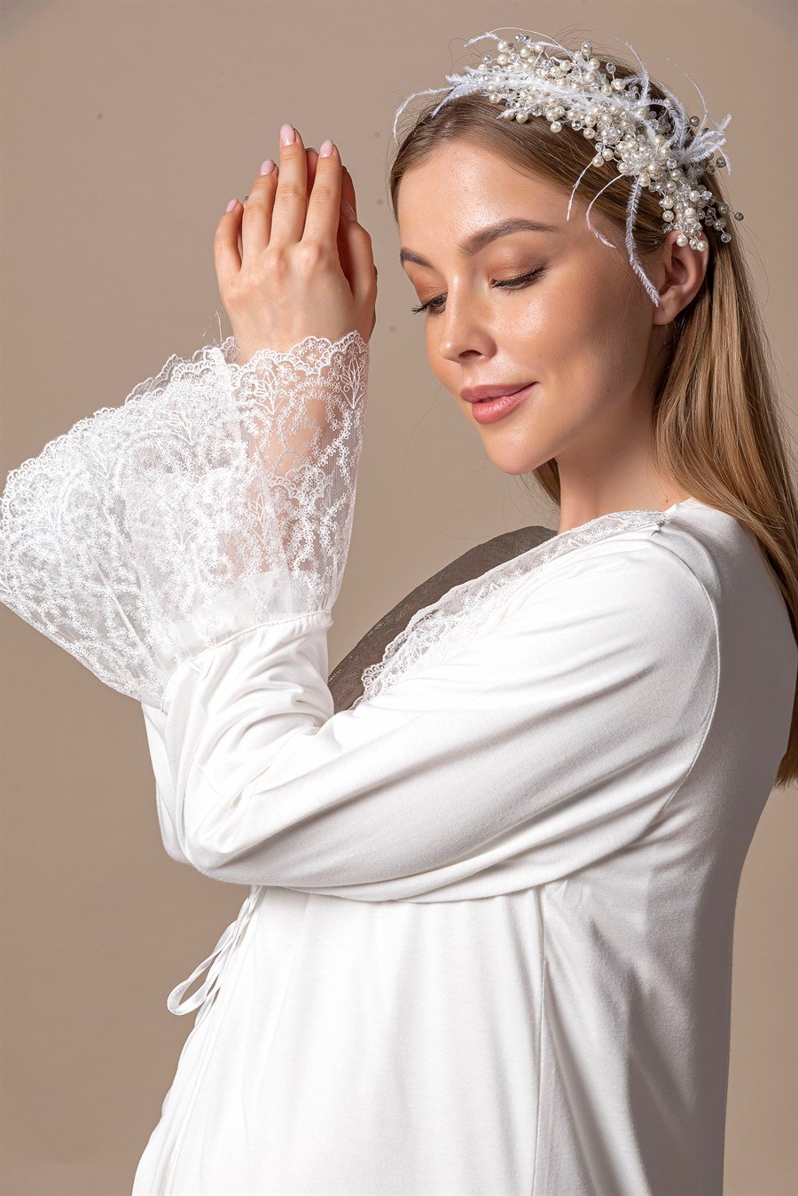 Effortt 27045 Ekru Sabahlıklı Hamile Lohusa Gecelik Takım