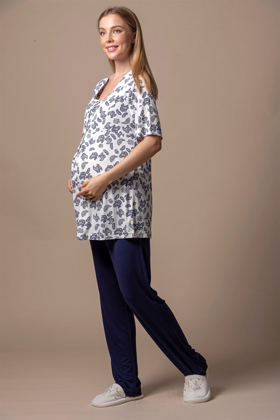 Effortt 28012 Lacivert Desenli Hamile Lohusa Pijama Takımı