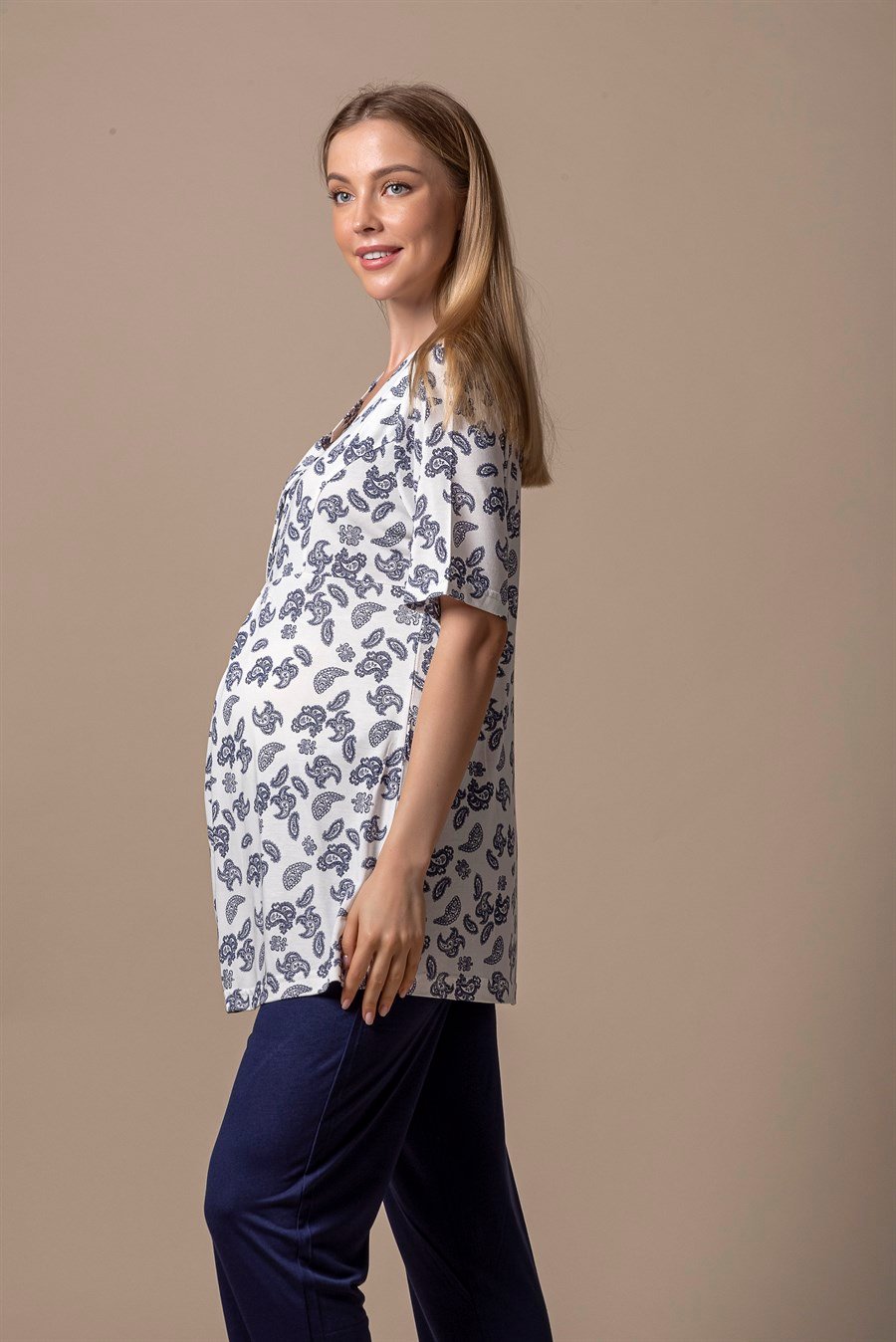 Effortt 28012 Lacivert Desenli Hamile Lohusa Pijama Takımı