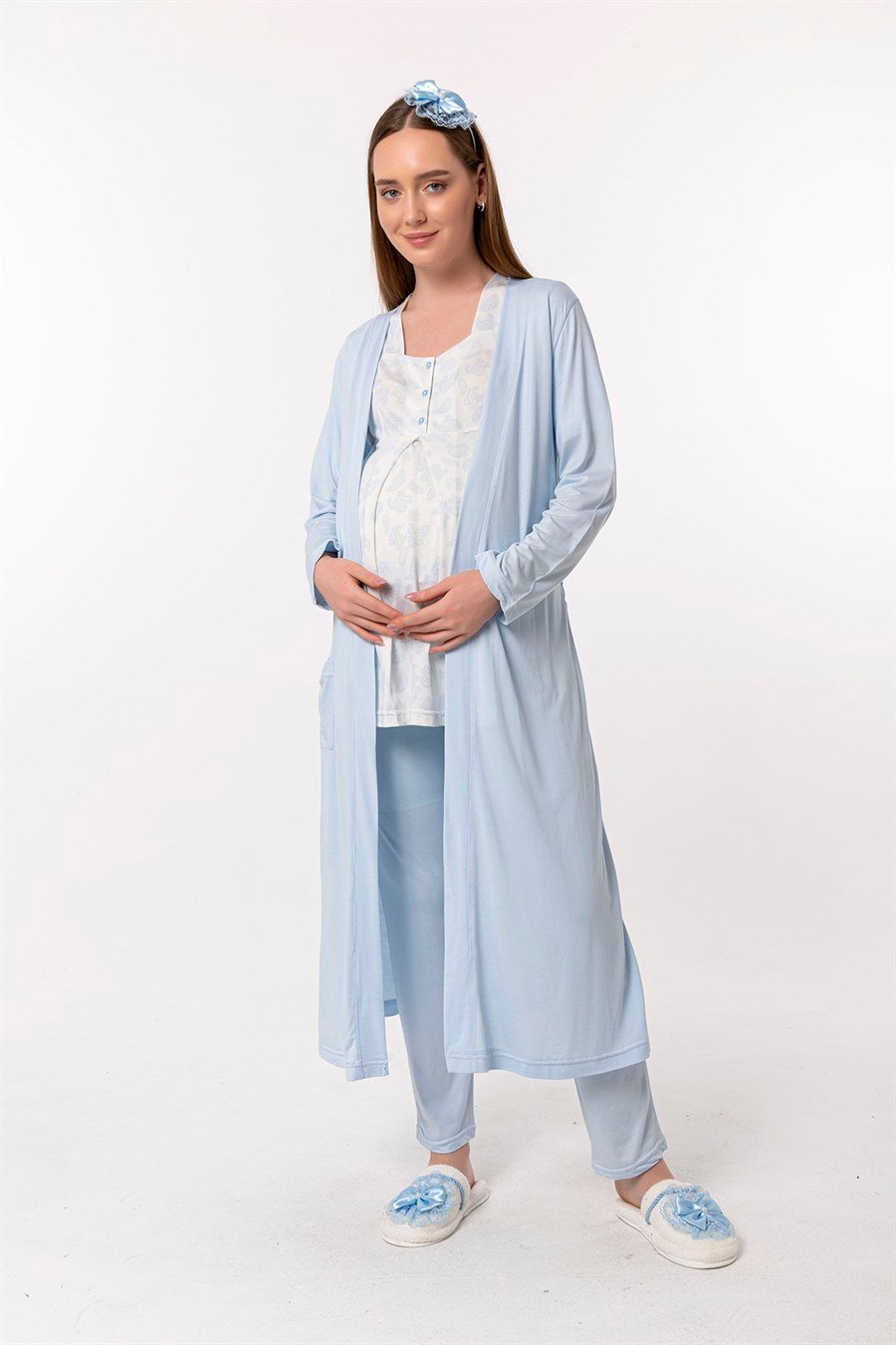 Effortt 28014 Mavi Sabahlıklı Hamile Lohusa Pijama Takımı