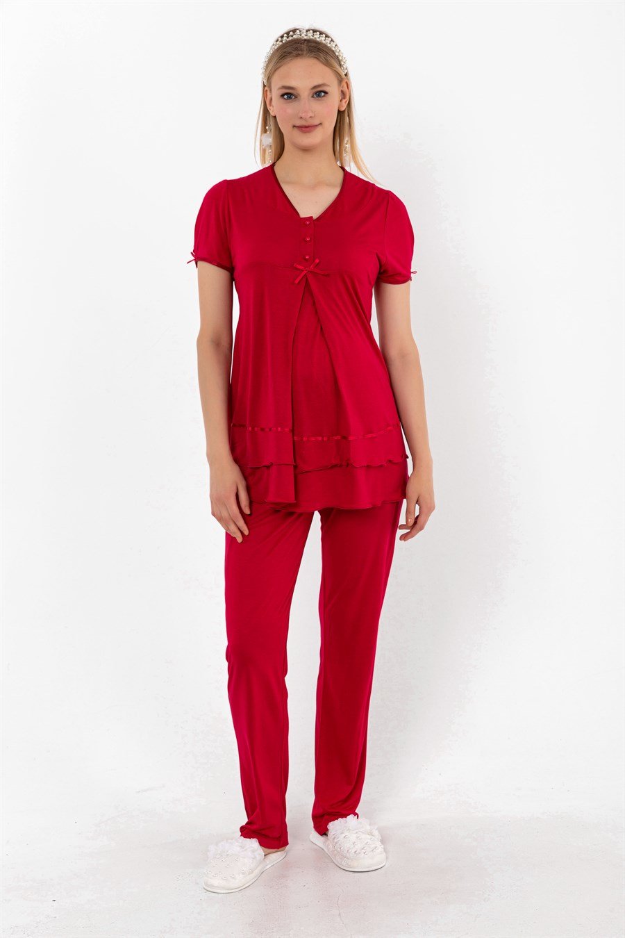 Effortt 28024 Vişne Sabahlıklı Hamile Lohusa Pijama Takımı