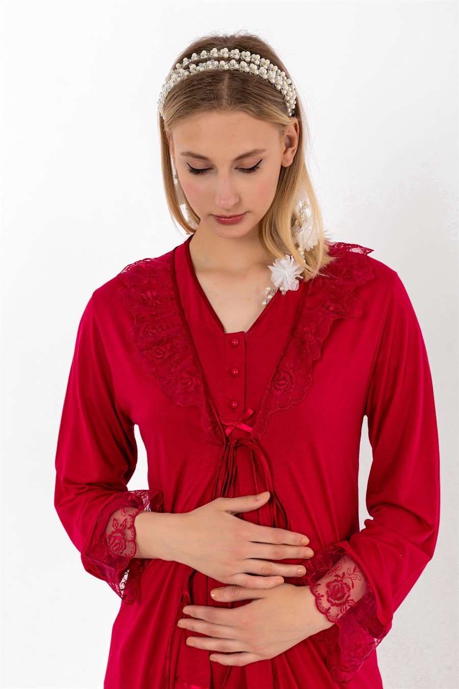 Effortt 28024 Vişne Sabahlıklı Hamile Lohusa Pijama Takımı