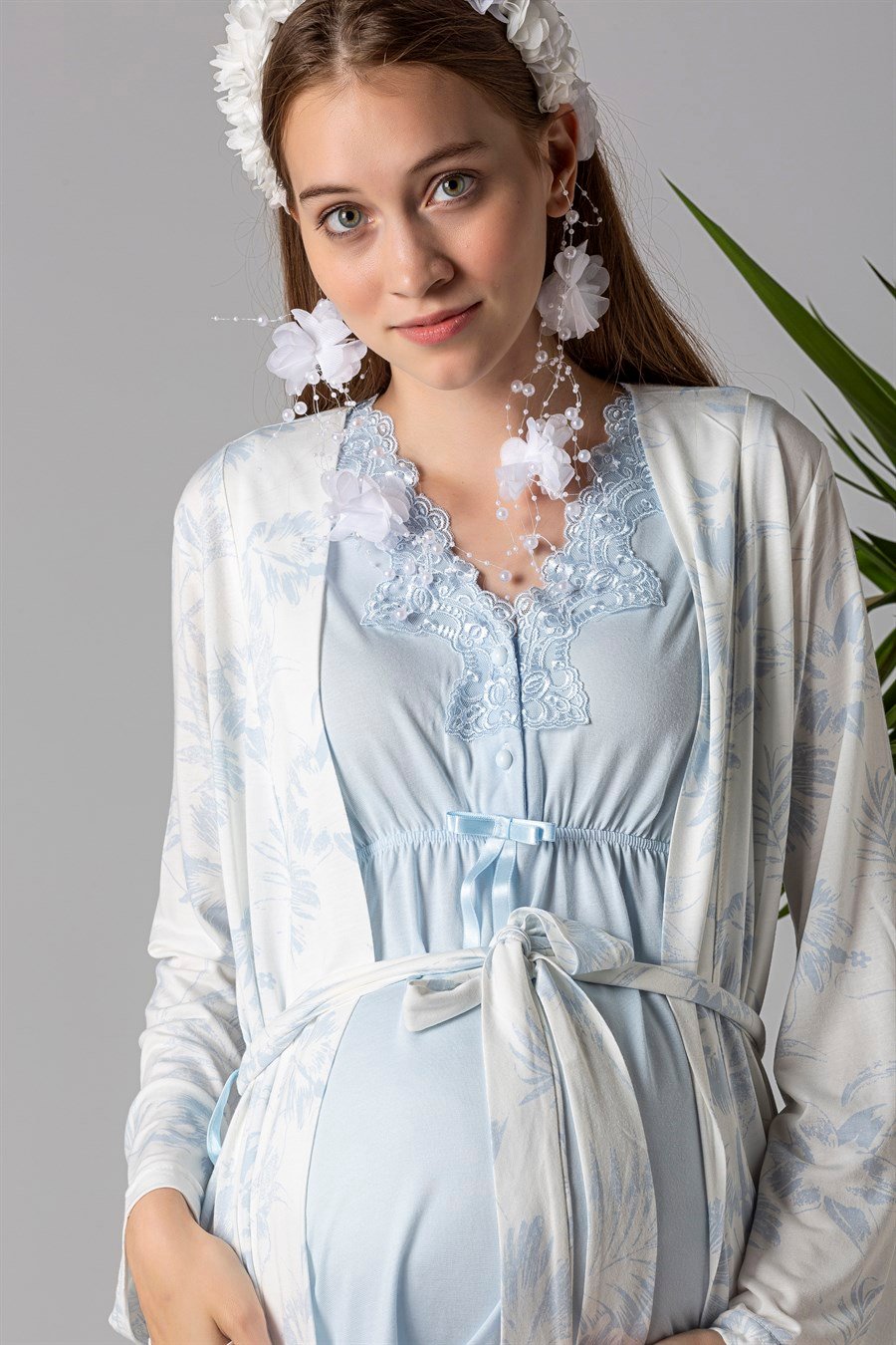 Effortt 28034 Mavi Sabahlıklı Hamile Lohusa Pijama Takımı