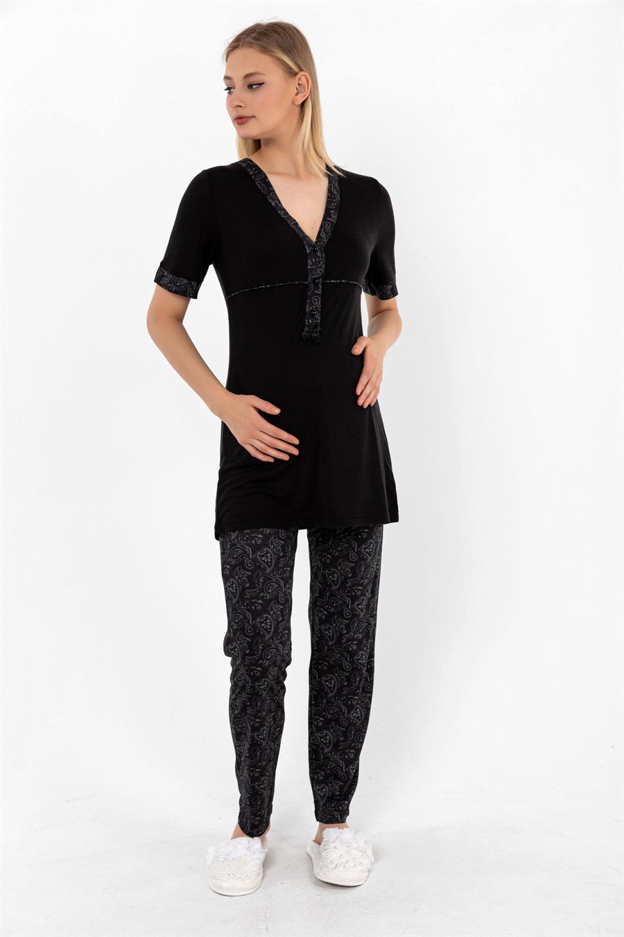 Effortt 28052 Siyah Desenli Hamile Lohusa Pijama Takımı