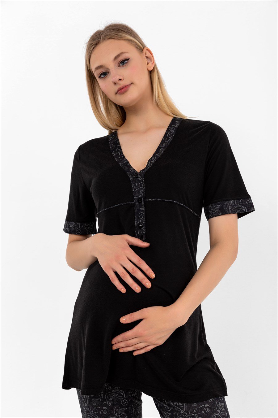 Effortt 28052 Siyah Desenli Hamile Lohusa Pijama Takımı