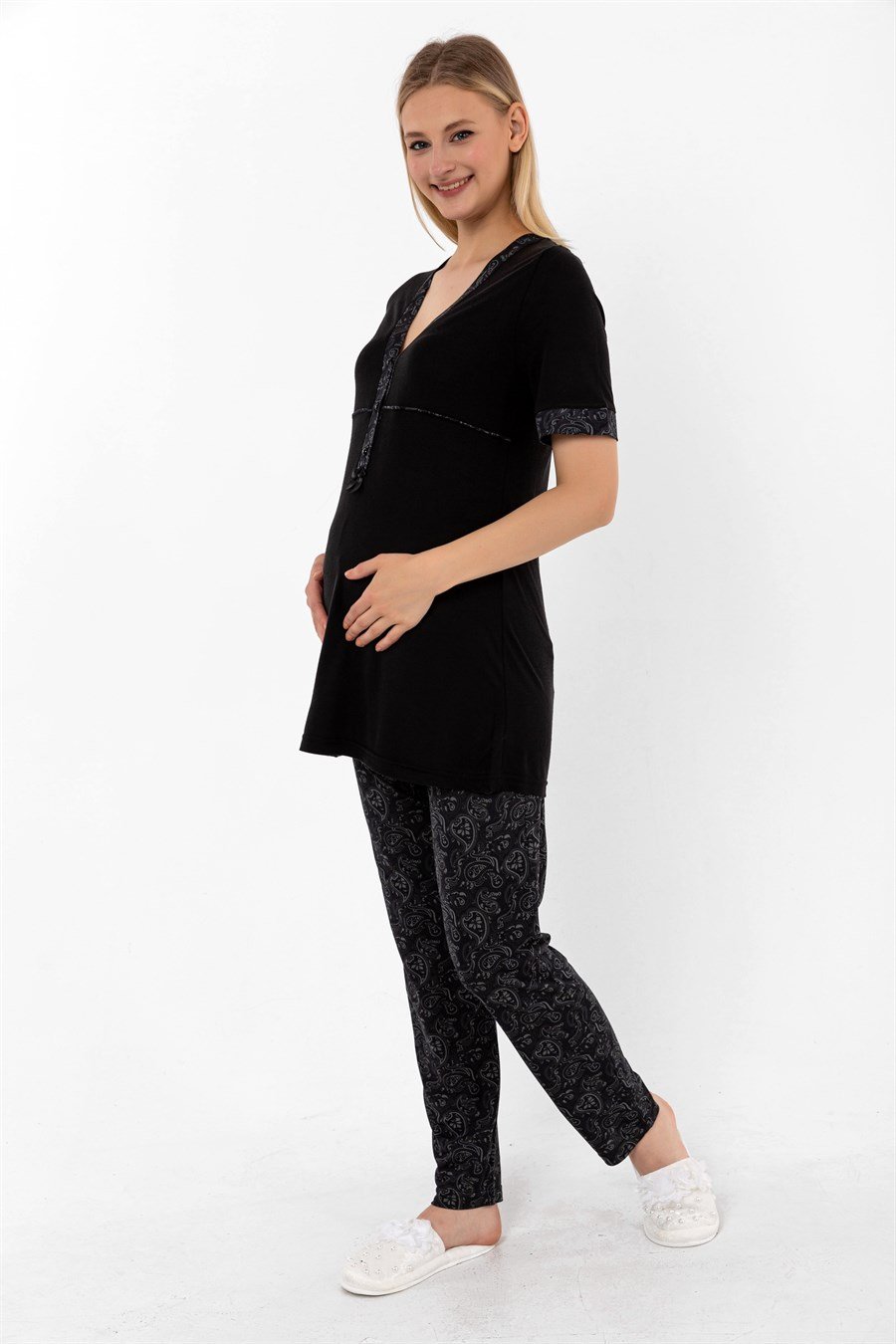Effortt 28052 Siyah Desenli Hamile Lohusa Pijama Takımı