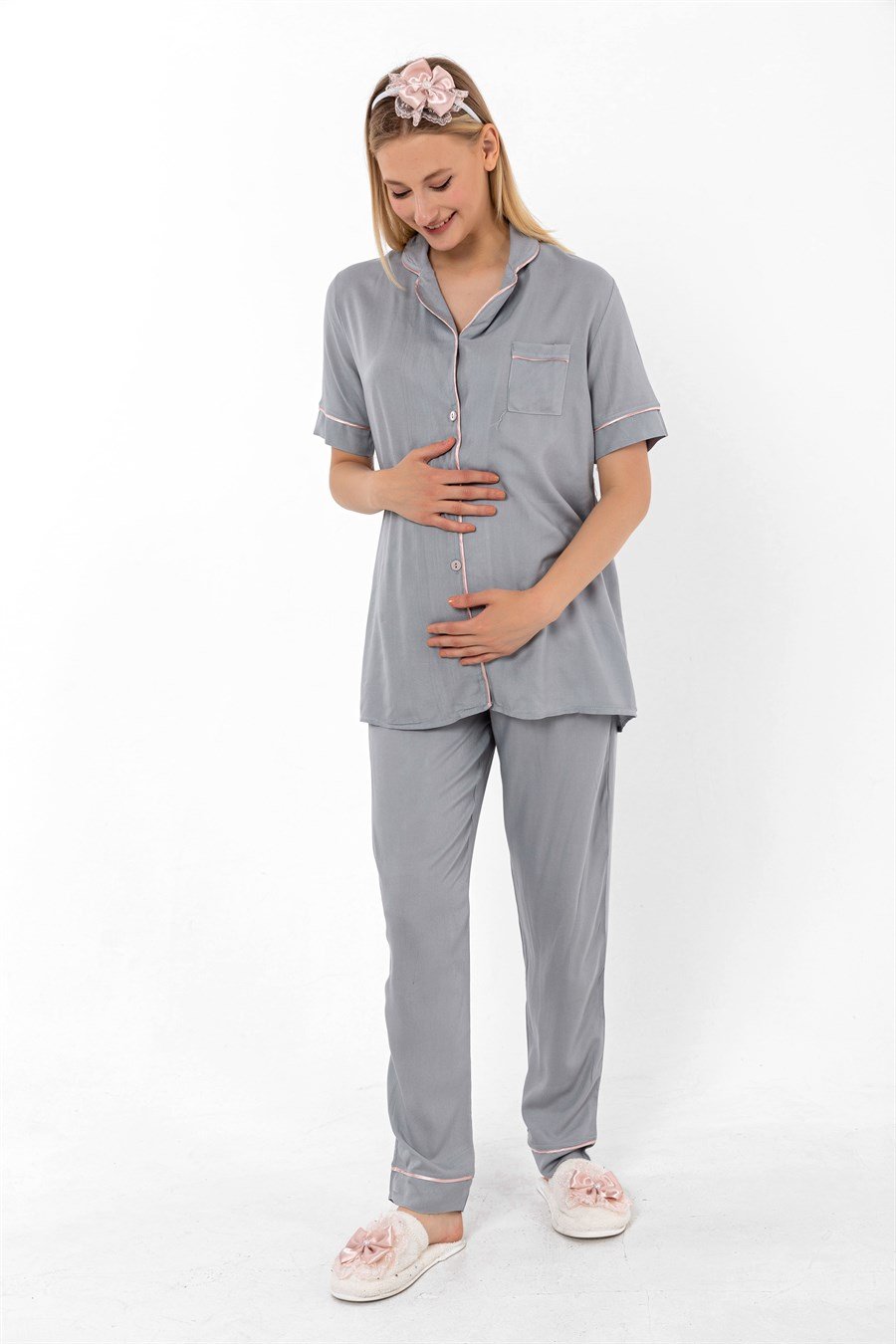 Effortt 28069 Gri Önden Düğmeli Hamile Lohusa Pijama Takımı