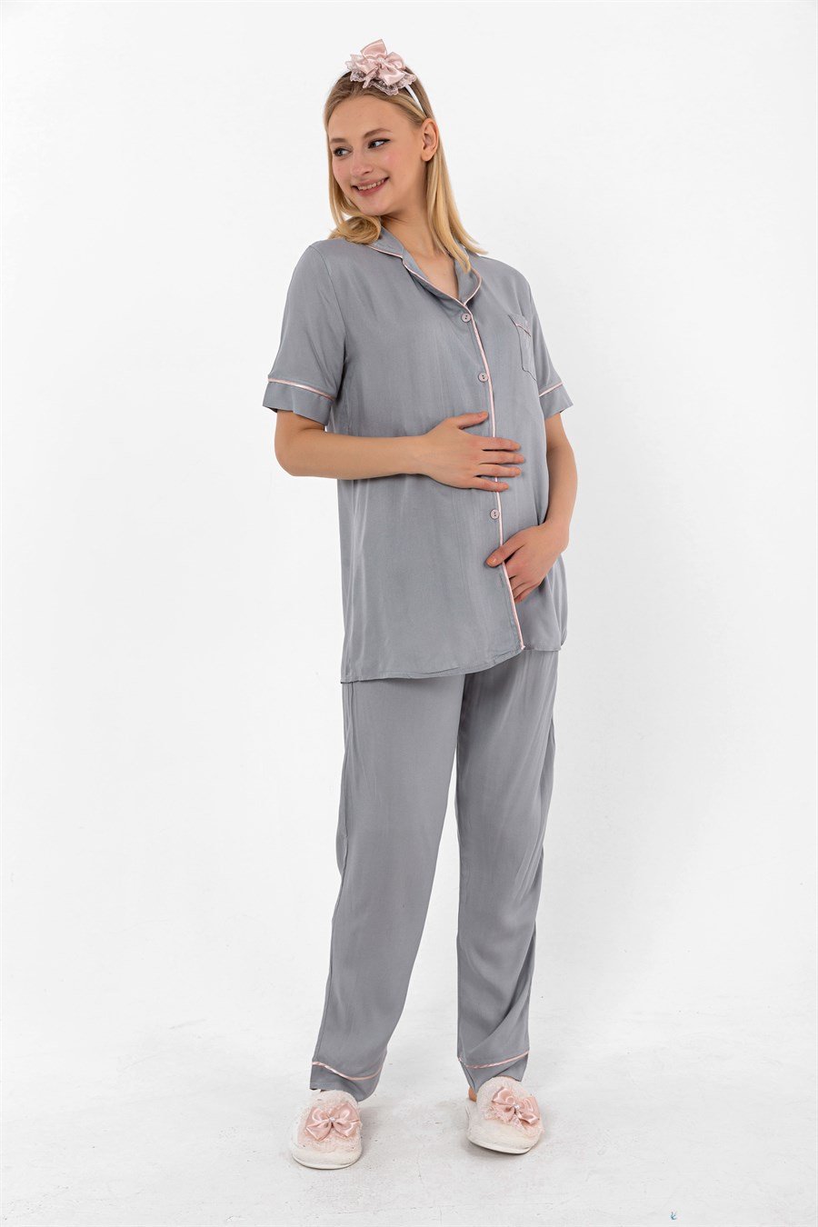 Effortt 28069 Gri Önden Düğmeli Hamile Lohusa Pijama Takımı
