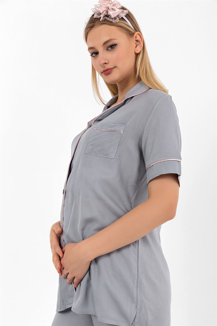 Effortt 28069 Gri Önden Düğmeli Hamile Lohusa Pijama Takımı
