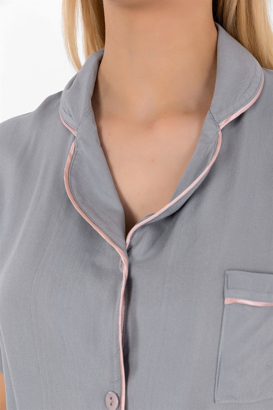 Effortt 28069 Gri Önden Düğmeli Hamile Lohusa Pijama Takımı